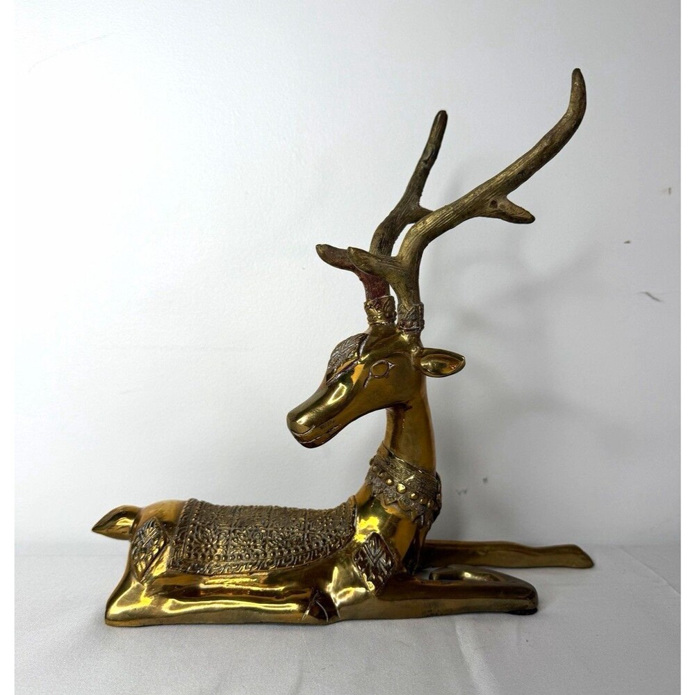 Vintage Brass Reclining Stag Deer Sculpture Hollywood Regency Patina Decor